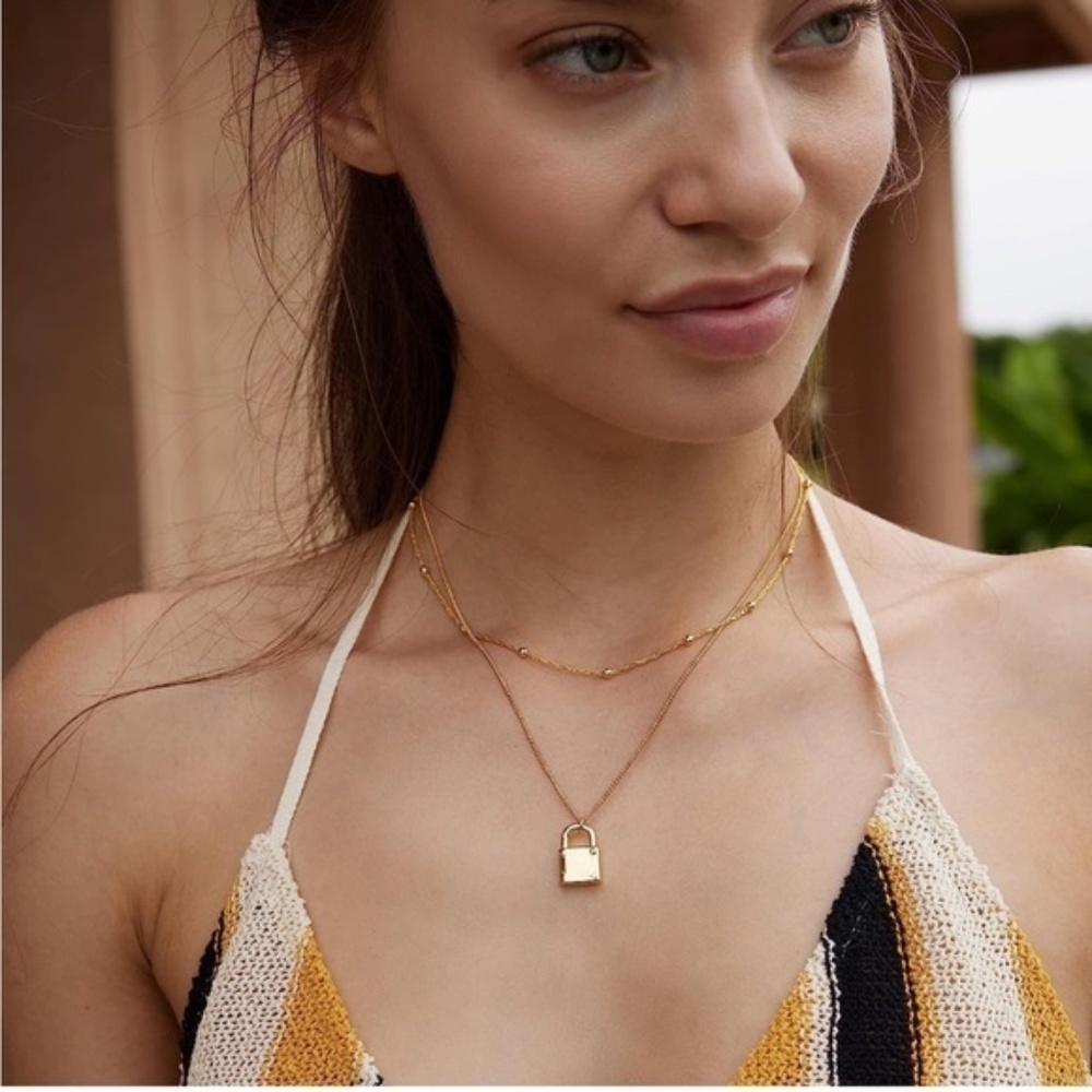 Gold 18k Gold Plated Beaded Lock Pendant Layered Necklace